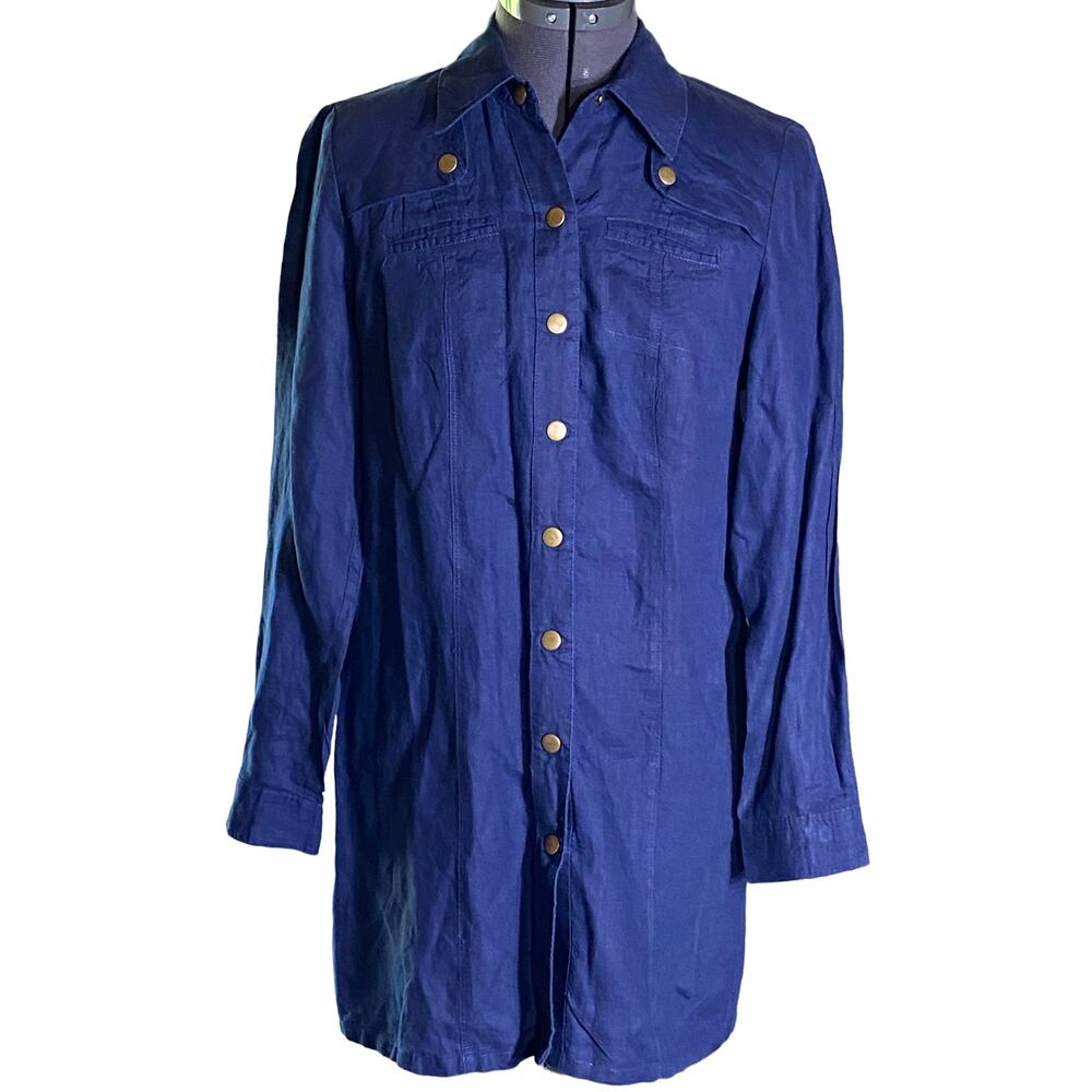 Minimalist Zoe D. Navy Womens S Linen Copper Snaps Shirt Tunic  Short Dress